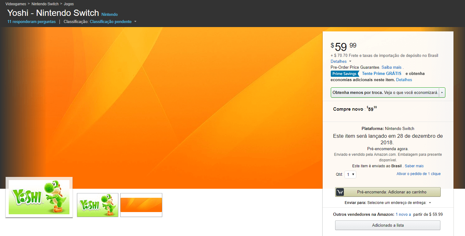 Amazon.com revela que Yoshi para Switch chegará dia 28 de dezembro de 2018