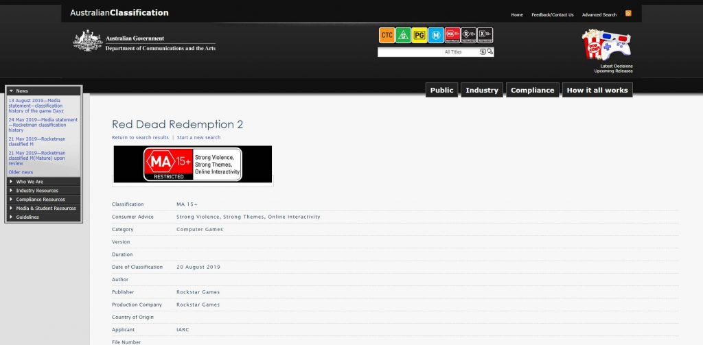 Red Dead Redemption 2 PC classificação
